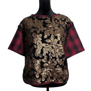 Love Binetti Anthropologie Gold Embellished Plaid Wool Tassels Blouse - Sz S